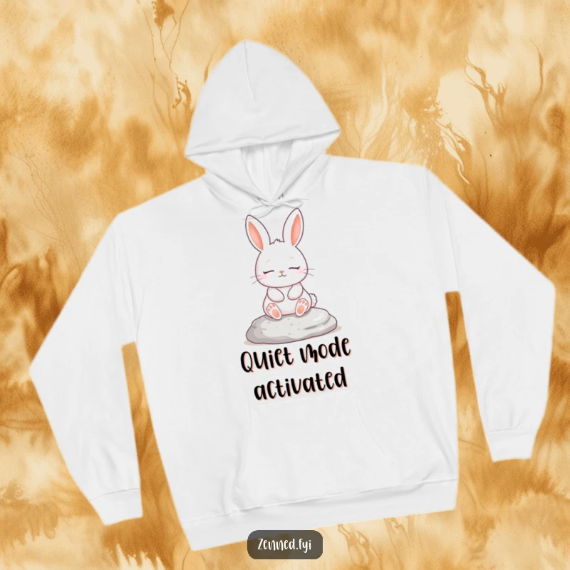 Funny hooded sweatshirt with a serene white rabbit meditating on a stone, comfy and humorous, great funny gift.