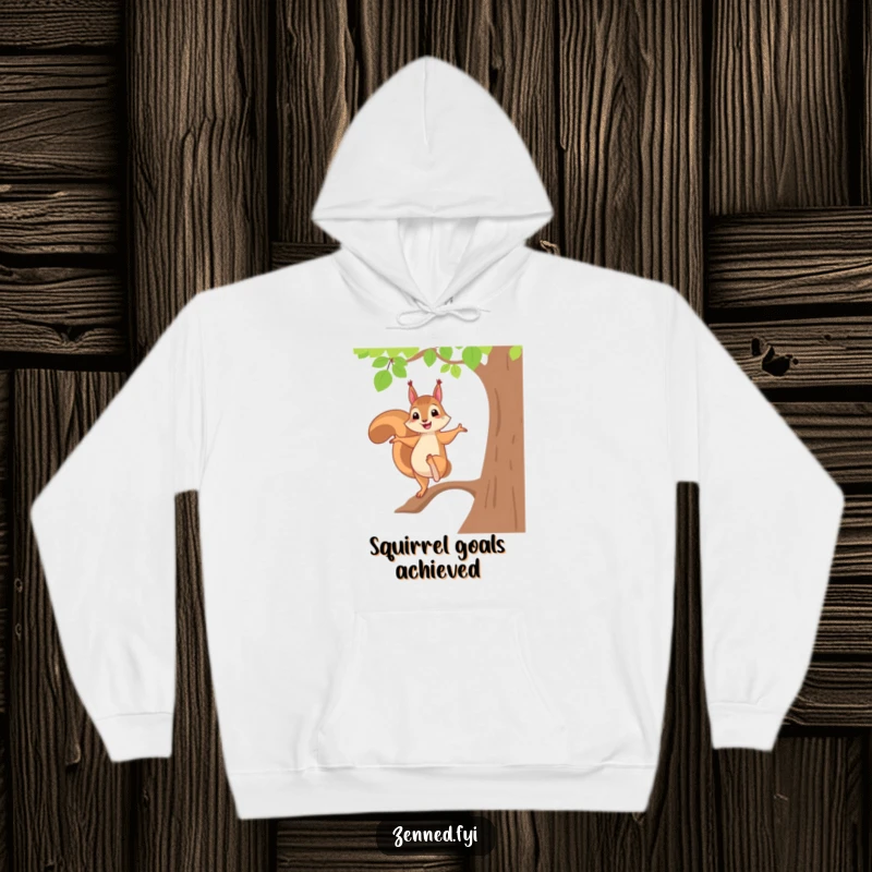 Funny and cozy hoodie featuring a cheerful squirrel balancing in a tree pose, bringing playful humor and warmth.