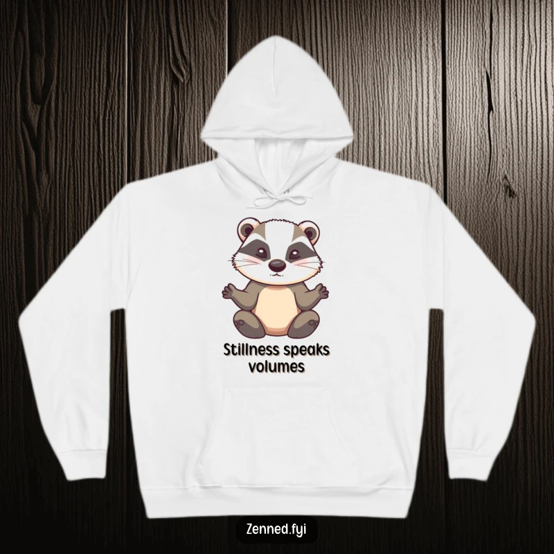 Funny badger meditation hoodie, a determined animal in deep zen, radiating calmness and humor, cozy and stylish.