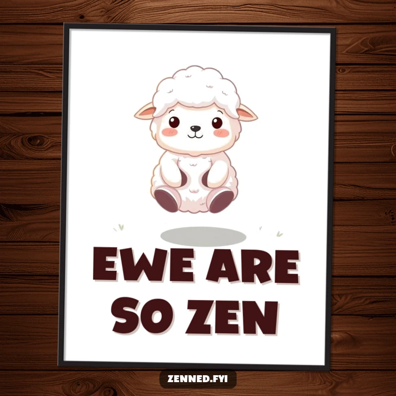 Funny Free Printable Wall Art: A fluffy sheep floating in a meditative pose above the ground, serene and humorous, downloadable.