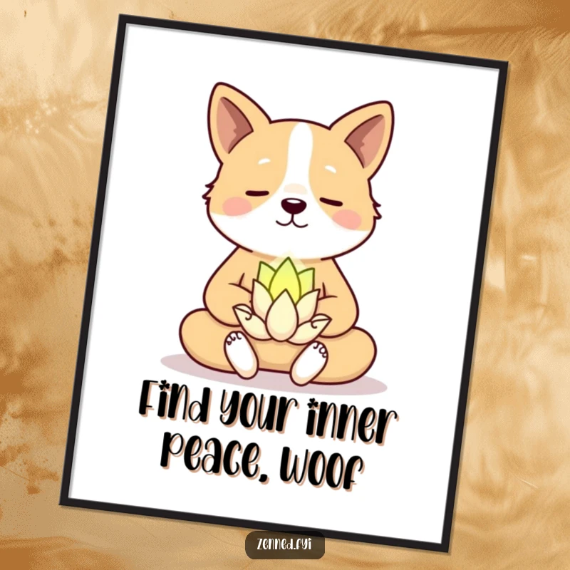Funny Free Printable Wall Art of a serene dog meditating peacefully with a small, smiling lotus flower.