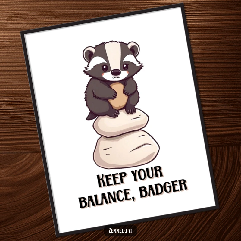 Funny Free Printable Wall Art of a determined badger balancing on a stack of smooth pebbles, showcasing focus and skill.