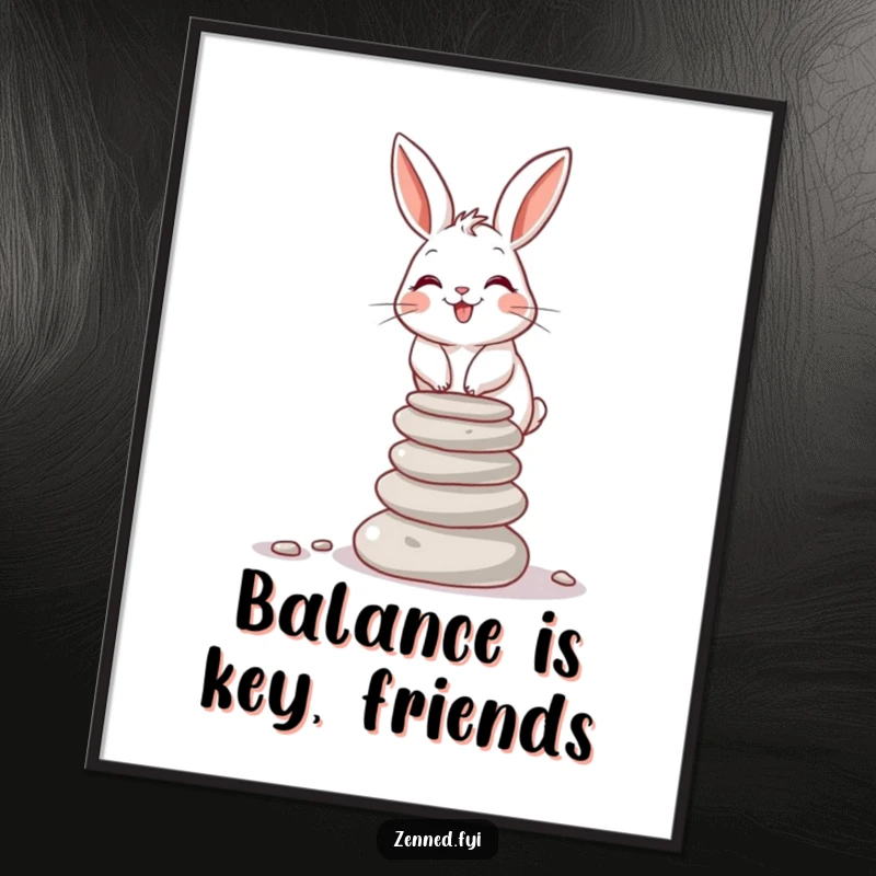 Funny Free Printable Wall Art: A giggling rabbit showcases impressive stone-stacking skills, bringing playful energy to your decor.