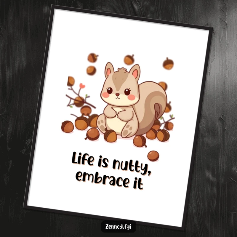 Funny Free Printable Kawaii Squirrel Wall Art, playfully sitting with acorns, charming and whimsical downloadable art.