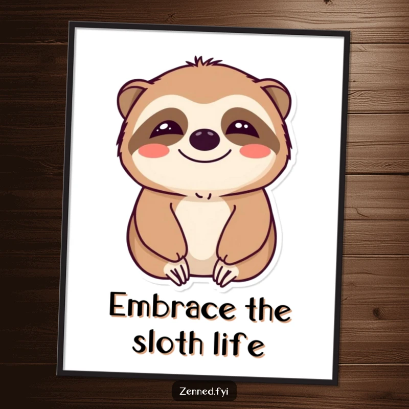 Funny Free Printable Sloth Wall Art depicting a smiling sloth in ultimate calm, perfect for a relaxed living space.