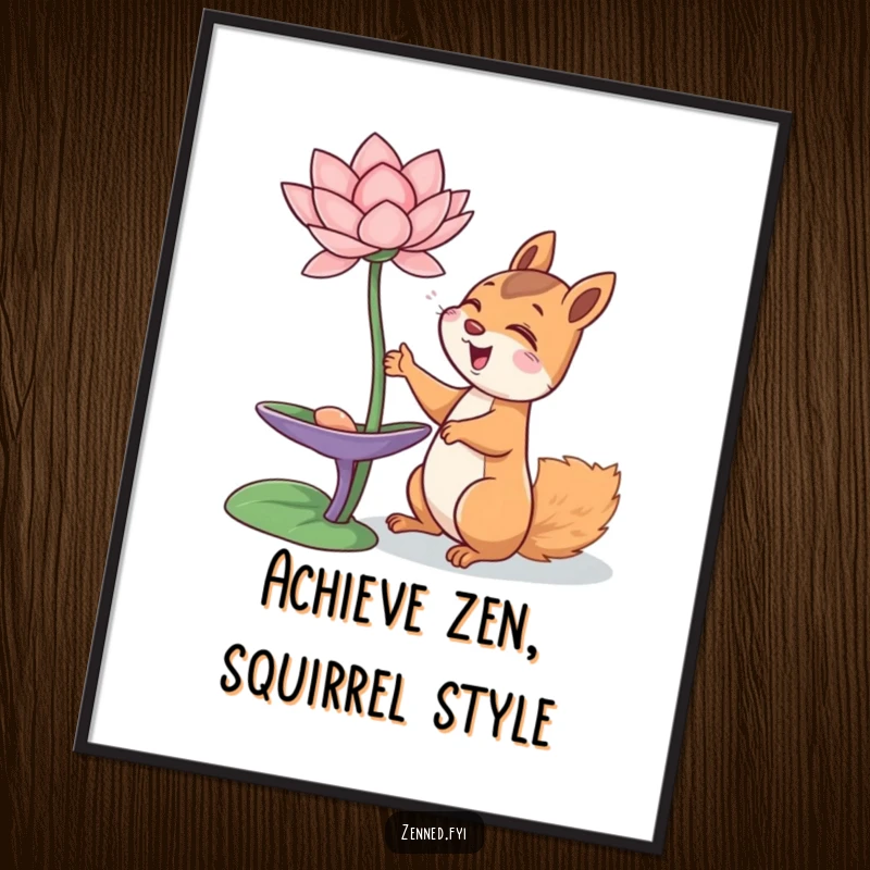 Funny Free Printable Wall Art depicting a giggling squirrel reaching for a floating lotus flower, radiating happiness and charm.