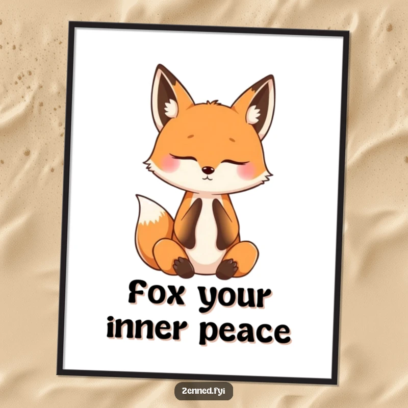Funny free printable wall art depicting a curious fox deeply practicing mindful breathing with its eyes softly closed.