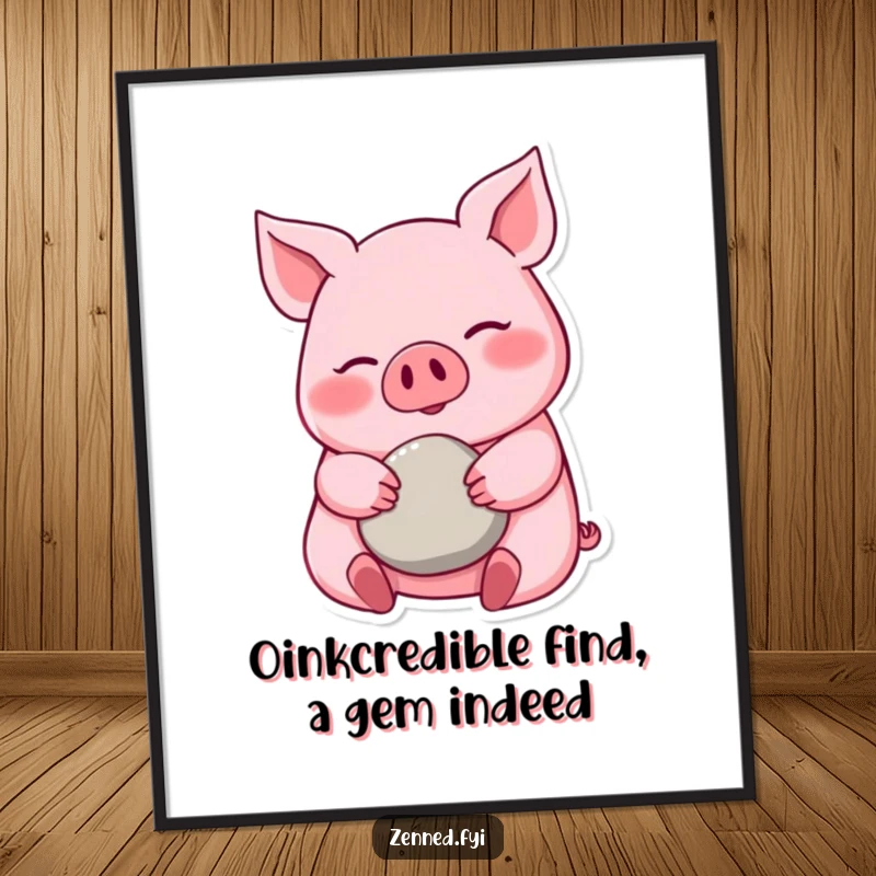 Funny Free Printable Wall Art: Happy Pink Pig with a Calm Demeanor Cradling a Small Smooth Pebble