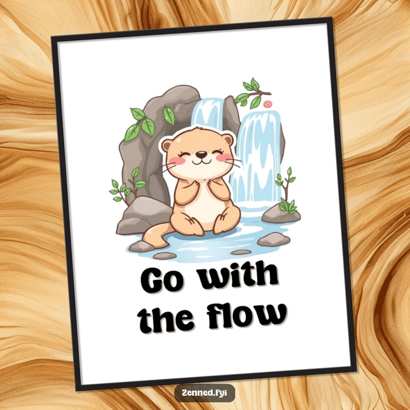 Funny Free Printable Wall Art: A playful otter character meditating peacefully beside a miniature waterfall, radiating zen and calm vibes.