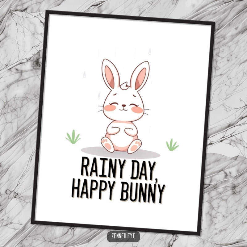 Free Printable Wall Art: Cheerful rabbit meditating peacefully under gentle rain, for serene and calming decor.