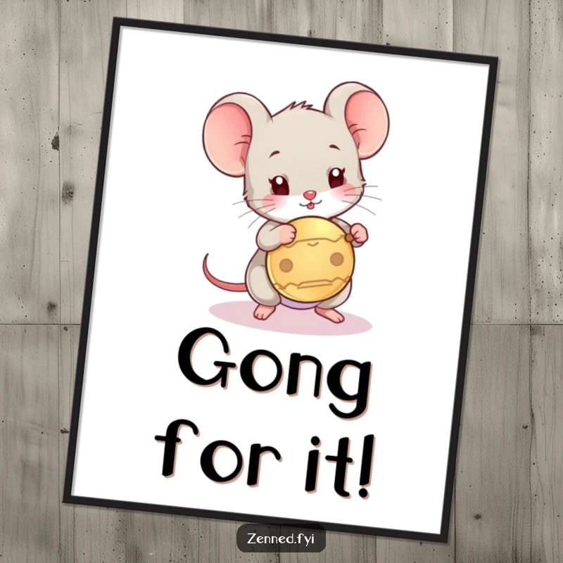 Funny Free Printable Wall Art: Playful mouse joyfully tapping a small gong with a mallet, creating cheerful sounds.
