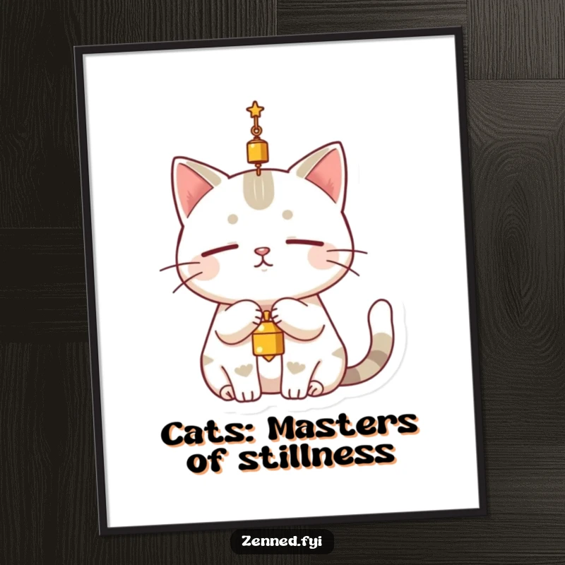 Funny Free Printable Wall Art: A serene cat character completely still, dangling a small bell above its head, exuding quiet focus.
