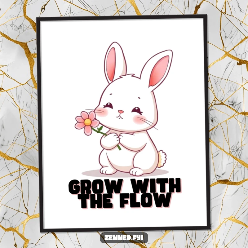 Funny Free Printable Rabbit Wall Art: A serene rabbit holds a tiny blooming flower, bringing calm and gentle humor to your space.