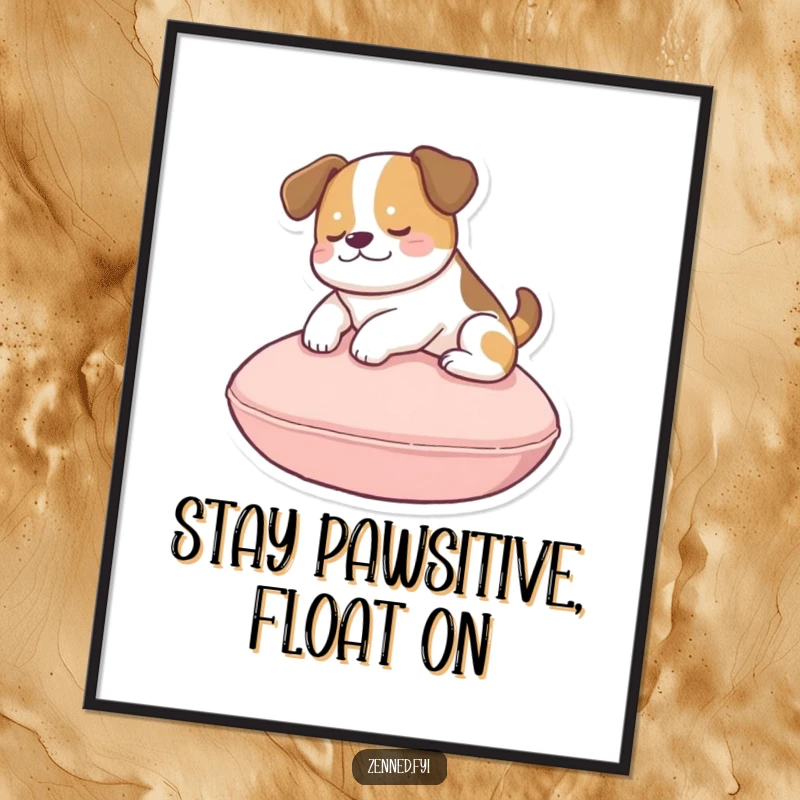 Funny Free Printable Dog Wall Art: A happy dog floats dreamily above a cushion, adding whimsical charm to your decor.