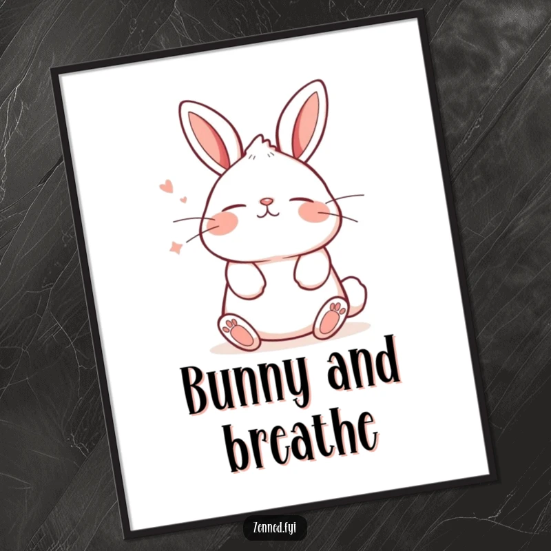 Funny Free Printable Wall Art: A kawaii bunny breathing deeply with a tranquil expression, radiating peace and humor on your walls.