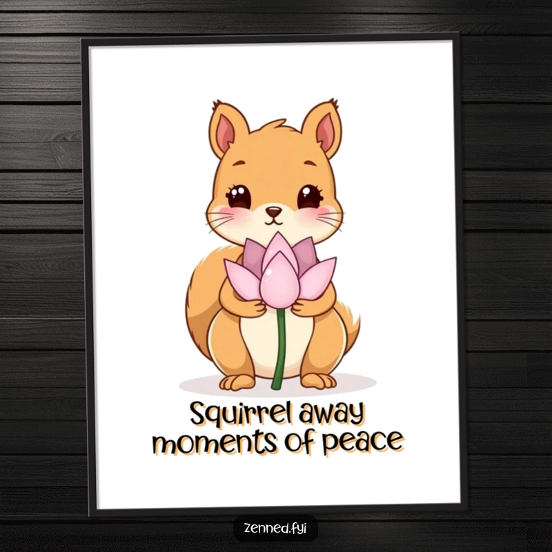 Funny Free Printable Wall Art: A kawaii squirrel holds a single, still lotus flower with utmost grace.