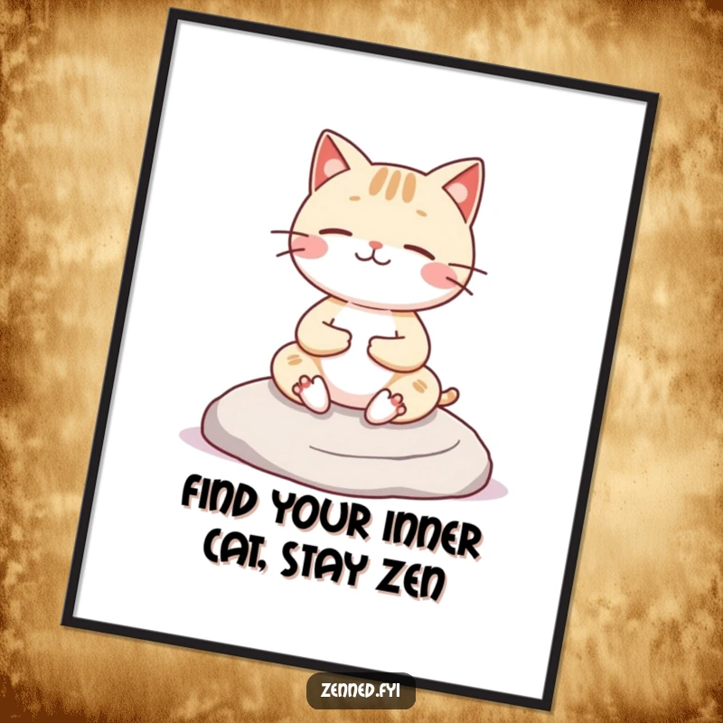 Funny free printable wall art of a cheerful Kawaii cat character meditating serenely on a smooth rock, radiating peace.