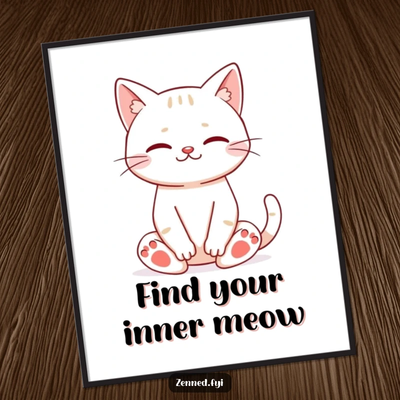 Funny Free Printable Cat Wall Art: A happy cat meditates peacefully, eyes closed with a slight smile, perfect for calming decor.