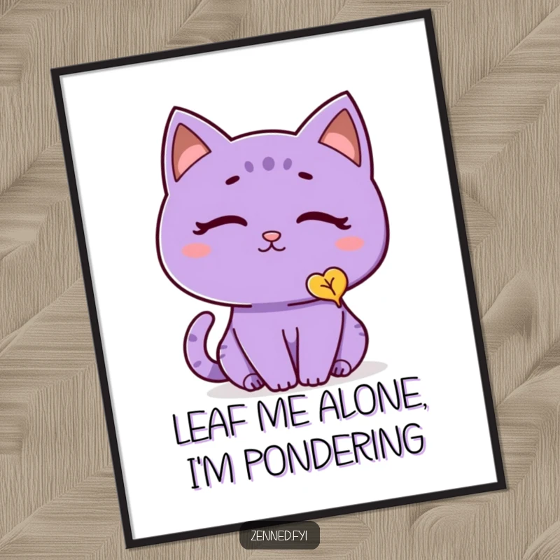 Funny Free Printable Wall Art: A peaceful purple cat contemplating a single, gently falling leaf, creating a serene scene.