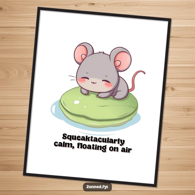 Funny Free Printable Wall Art: Relaxed Grey Mouse with a Gentle Smile Floating Serenely on a Lily Pad