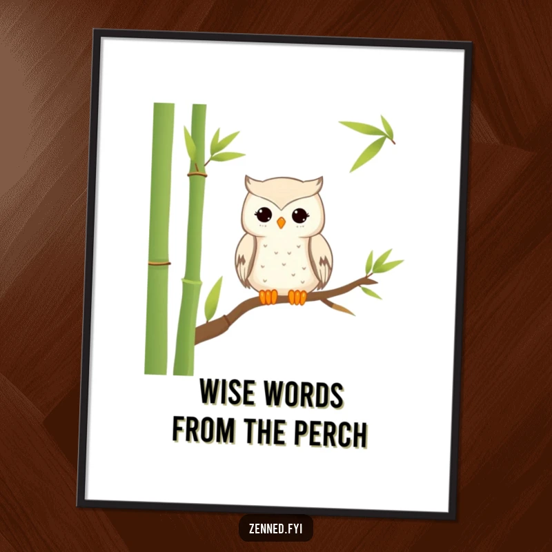 Funny Free Printable Wall Art of a tranquil owl perched peacefully on a delicate bamboo stalk.