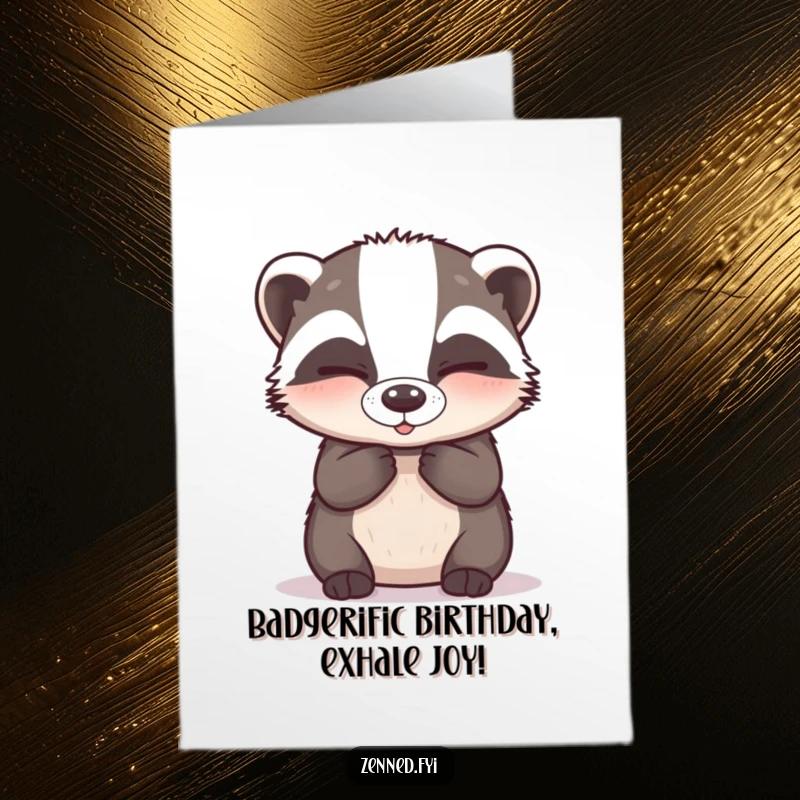 Funny Free Printable Birthday Card featuring a happy badger breathing deeply with closed, serene eyes.