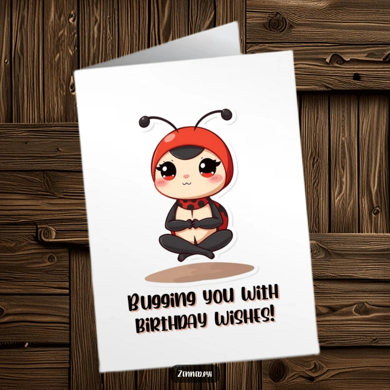 Funny Free Printable Birthday Card: Determined ladybug in a zen yoga pose, legs crossed, radiating peace.