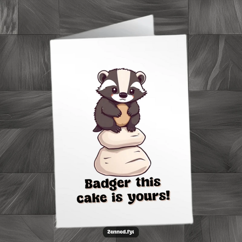 Funny Free Printable Birthday Card featuring a determined badger expertly balancing on a stack of smooth pebbles, celebrating resilience.