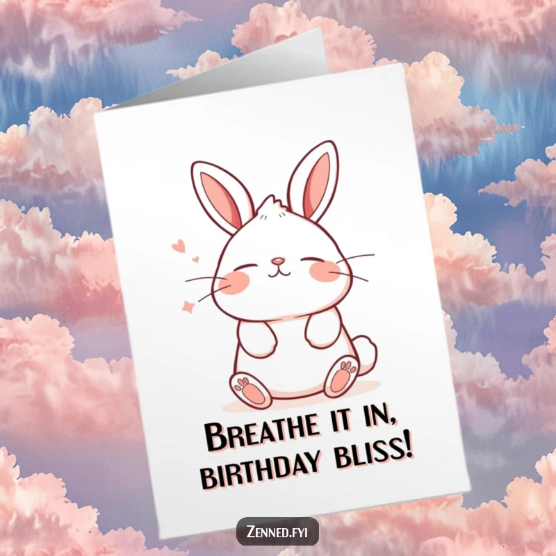 Funny Free Printable Birthday Card: A kawaii bunny breathing deeply with a tranquil expression, wishing a peaceful birthday.