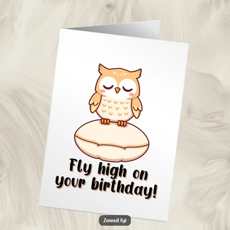 Funny Free Printable Birthday Card: Peaceful owl gently floats just above a cushion, looking serene and relaxed.