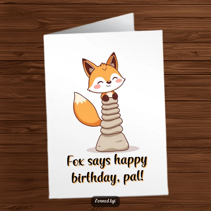 Funny Free Printable Birthday Card: Cheerful fox expertly balances a small stack of stone cairns, wishing stability.