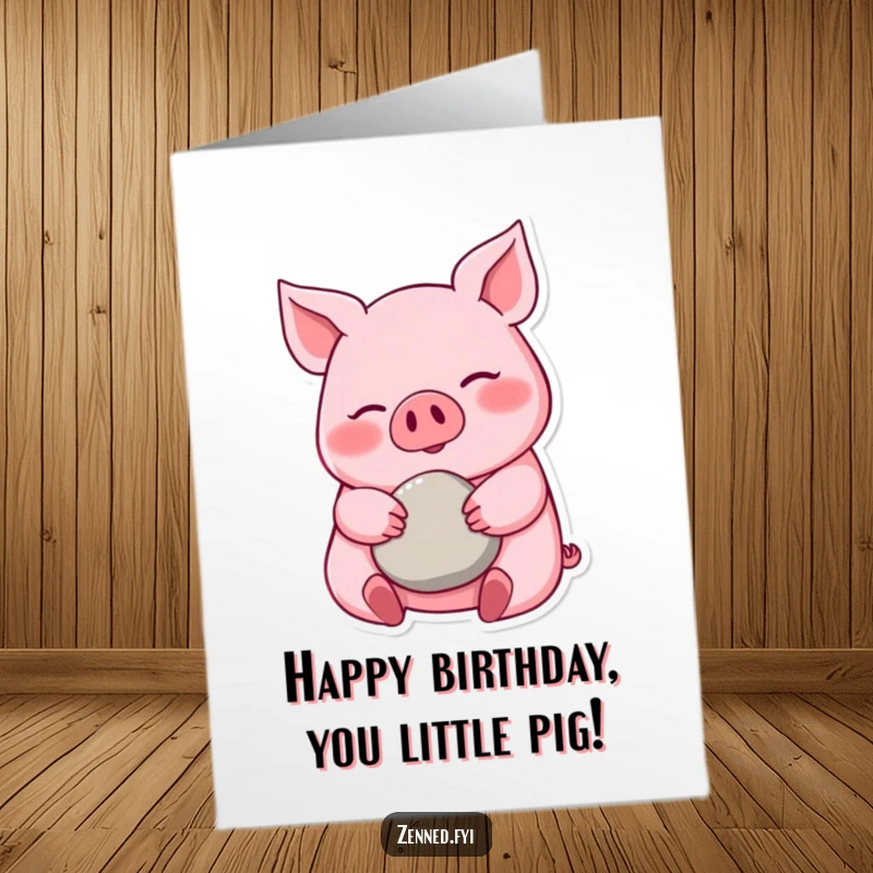 Funny Free Printable Birthday Card: Pink Pig Smiling Calmly, Cradling a Small Smooth Pebble