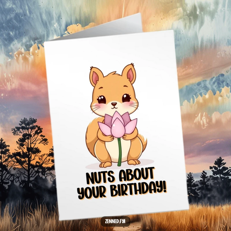 Funny Free Printable Birthday Card: Kawaii squirrel holds a lotus flower, offering tranquil birthday wishes.