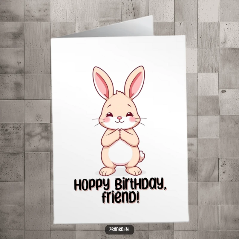 Funny Free Printable Birthday Card: Calm rabbit standing with hands pressed together in a hopeful birthday wish.