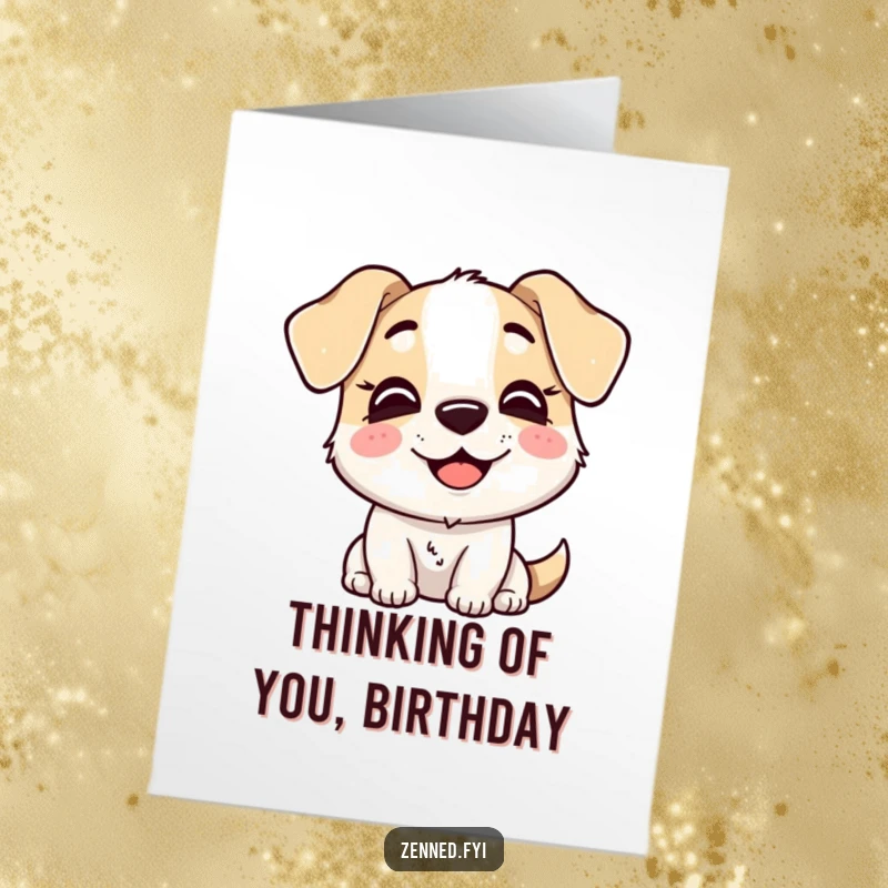 Free Printable Birthday Card: Delighted dog character with a serene smile, deep in thoughtful contemplation.