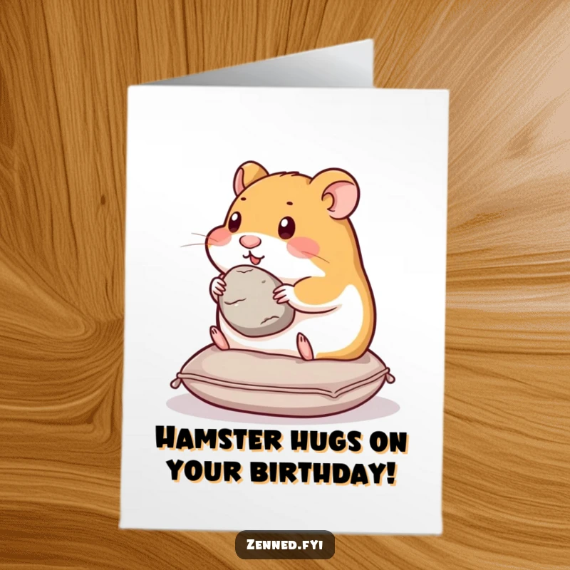 Funny Free Printable Birthday Card: Content hamster on a cushion, holding a smooth stone, radiating peace.