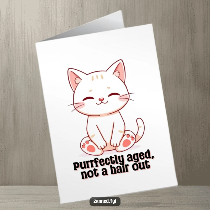 Funny Free Printable Birthday Card: A content cat sits in deep meditation, radiating peace and a slight, knowing smile.