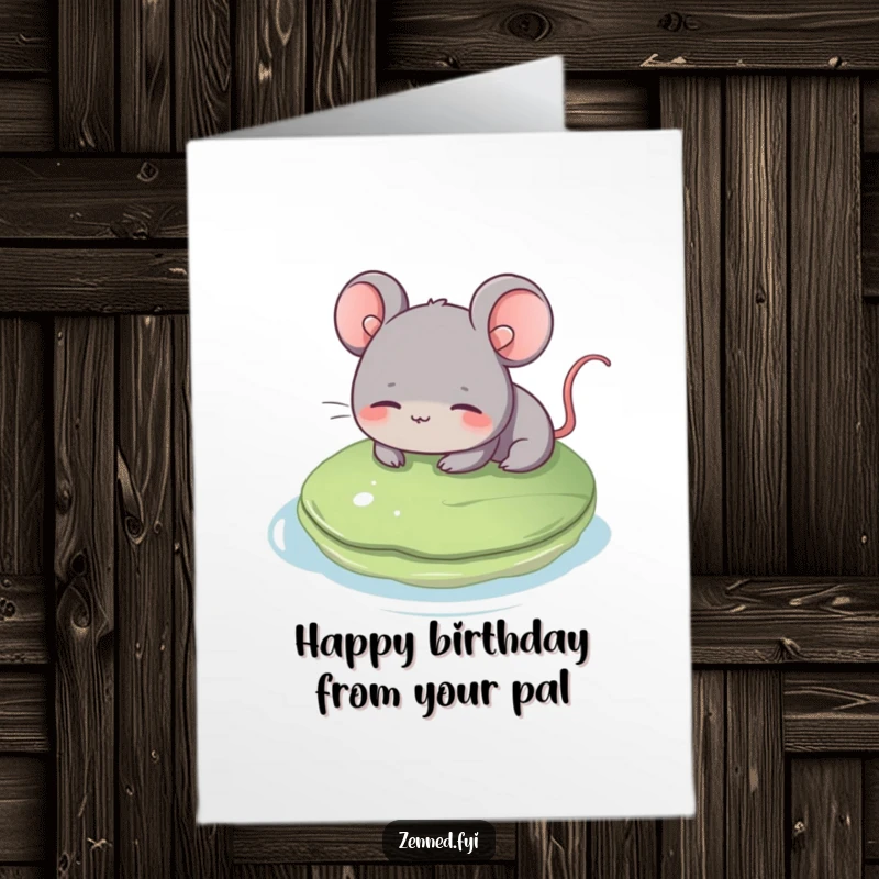 Funny Free Printable Birthday Card: Grey Mouse Smiling Gently, Floating Serene on a Lily Pad