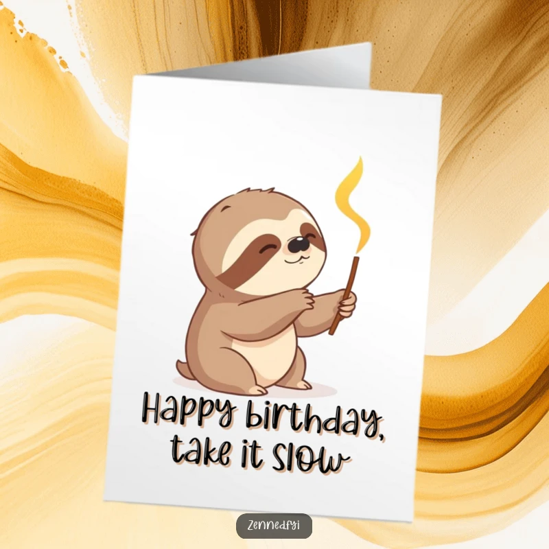 Free Printable Birthday Card: Content sloth slowly reaching for a glowing incense stick. Relaxed humor.