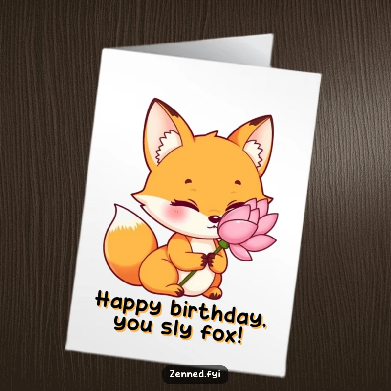 Funny Free Printable Birthday Card: Orange Fox with Tranquil Gaze Holding a Delicate Lotus Flower
