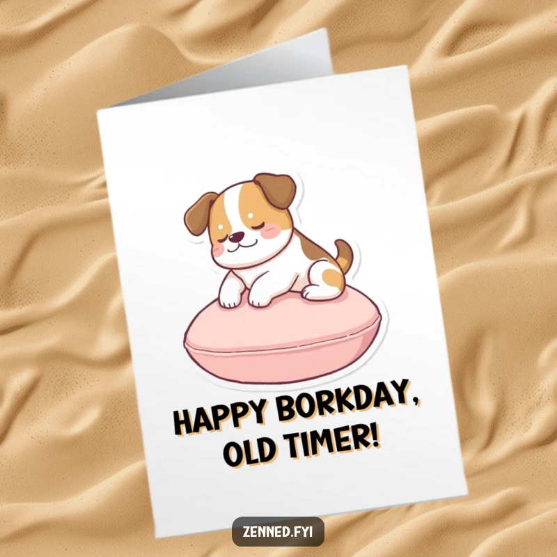 Funny Free Printable Birthday Card: A happy dog levitates peacefully above a round cushion, looking utterly relaxed and joyful.