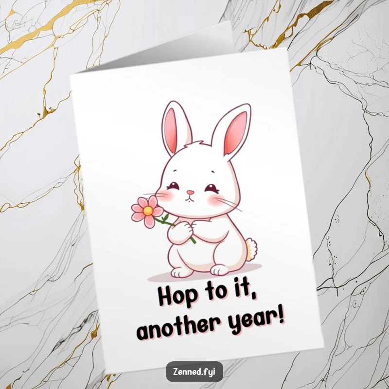 Funny Free Printable Birthday Card: A calm rabbit gently holds a small blooming flower, offering a peaceful birthday wish.