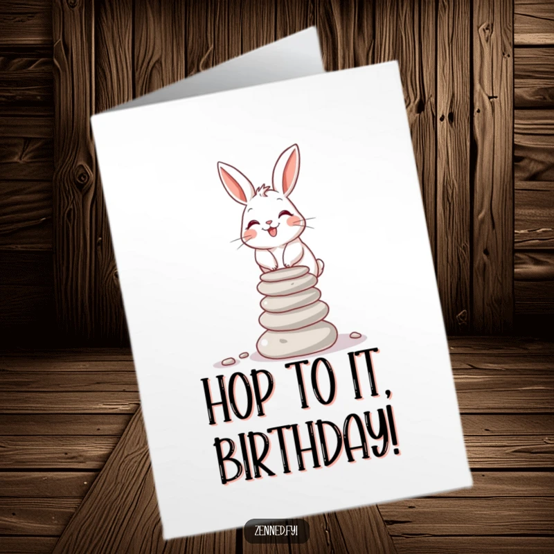 Funny Free Printable Birthday Card: A giggling rabbit expertly balances a petite stack of smooth stones, celebrating your day.