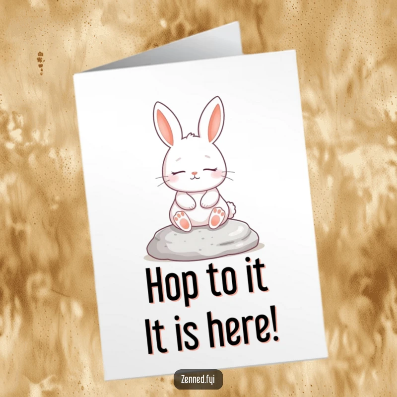 Funny Free Printable Birthday Card featuring a serene white rabbit meditating peacefully on a stone, ready for a chill celebration.