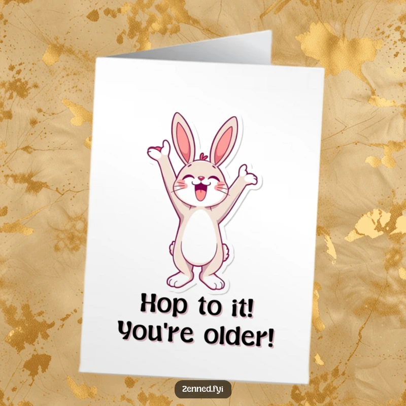 Funny Free Printable Birthday Card: a jubilant bunny stretching joyfully towards the sky, full of energy and humor for your DIY gift.