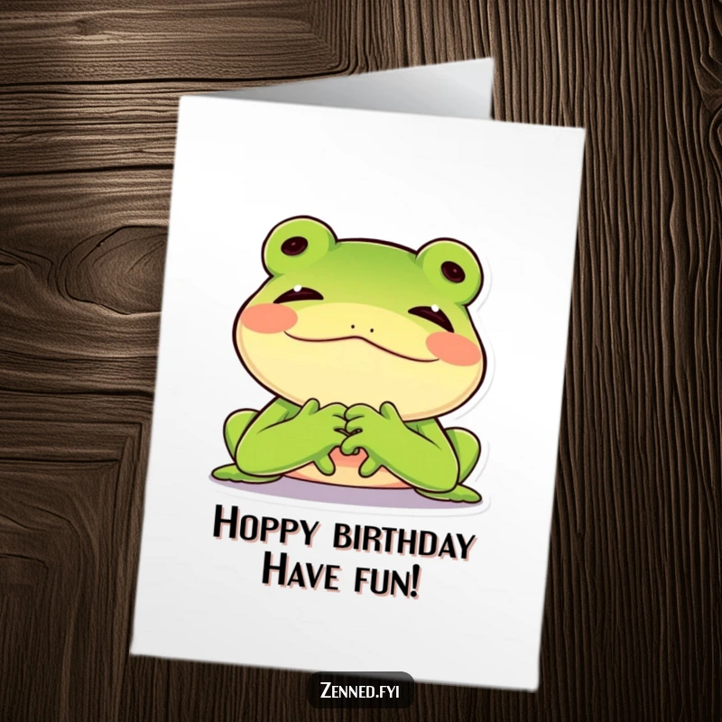 Funny Free Printable Birthday Card featuring a joyful green frog resting its chin on folded hands with a contented sigh.