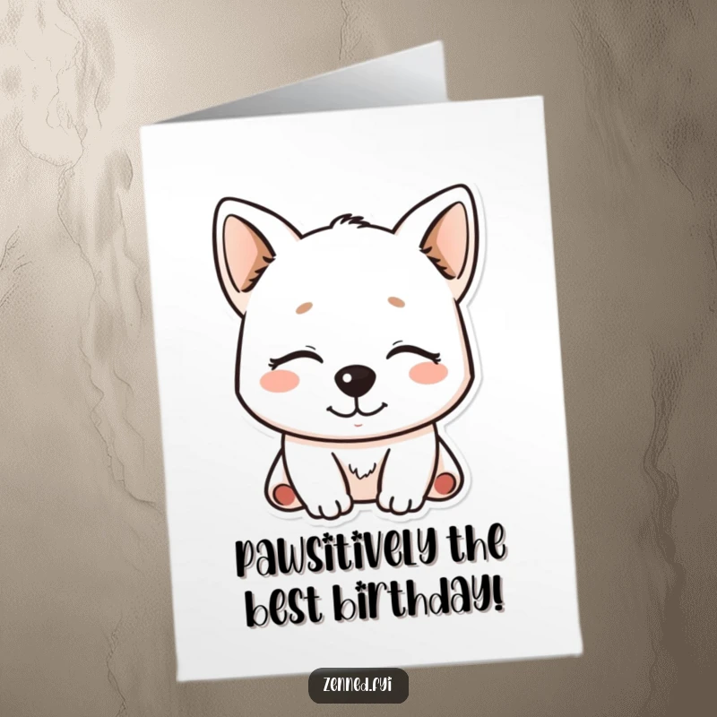 Funny Free Printable Birthday Card of a serene Kawaii dog with closed eyes and a soft smile, radiating peace