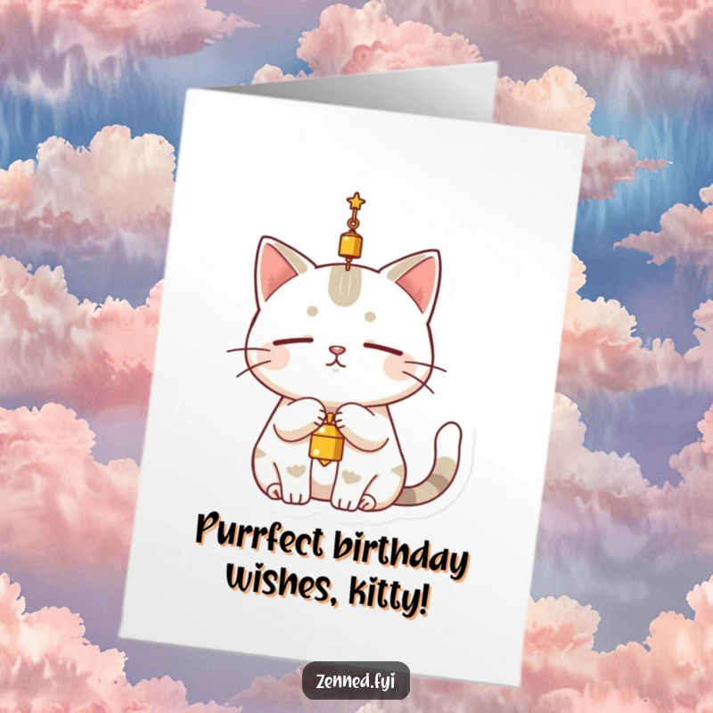 Funny Free Printable Birthday Card: A serene cat character calmly dangling a small bell above its head, embodying focused stillness.