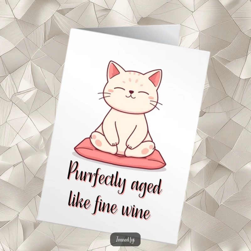 Funny Free Printable Cat Birthday Card: Zen kitty in lotus pose on cushion, radiating calm, perfect downloadable gift.