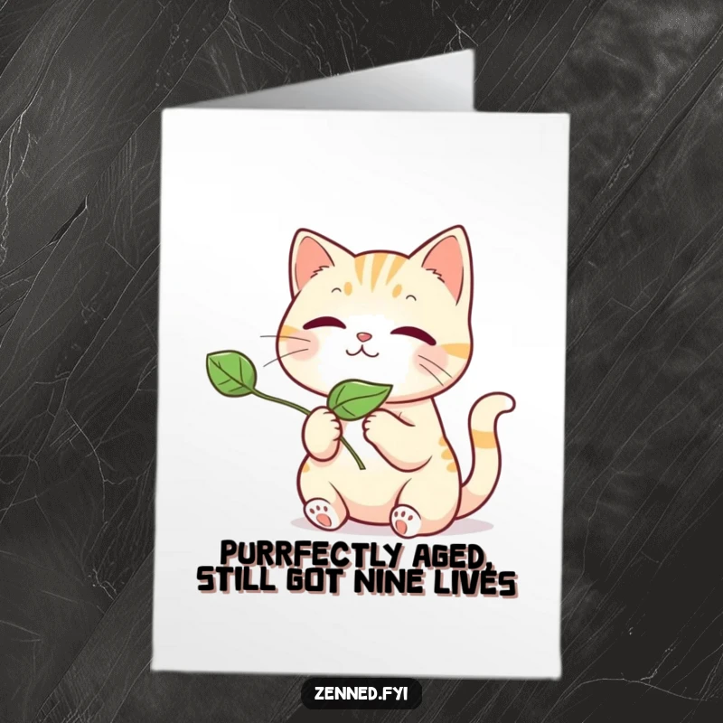 Funny Free Printable Birthday Card: Kawaii cat gently releases a floating leaf, conveying serene birthday wishes. Adorable and eco-friendly.